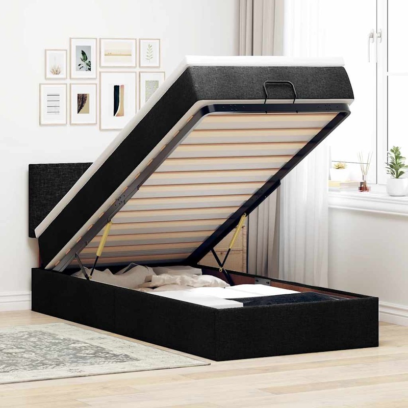 Lit ottoman avec matelas et LED noir 80x200cm tissu
