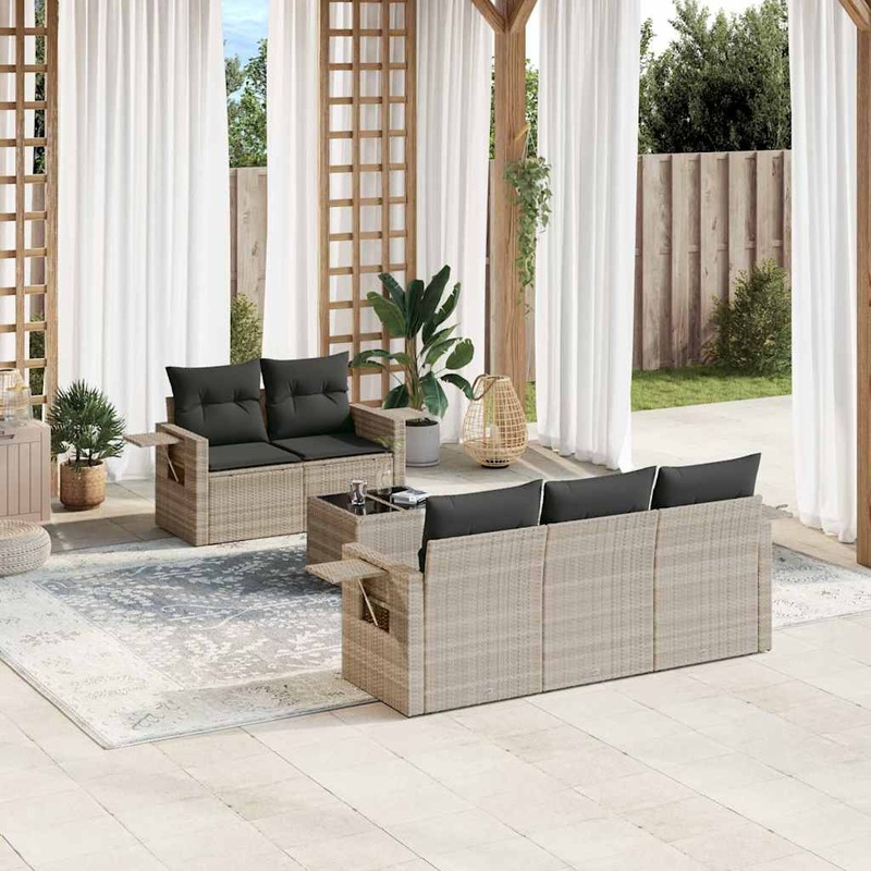 Salon de jardin 6 pcs avec coussins gris clair rsine tresse