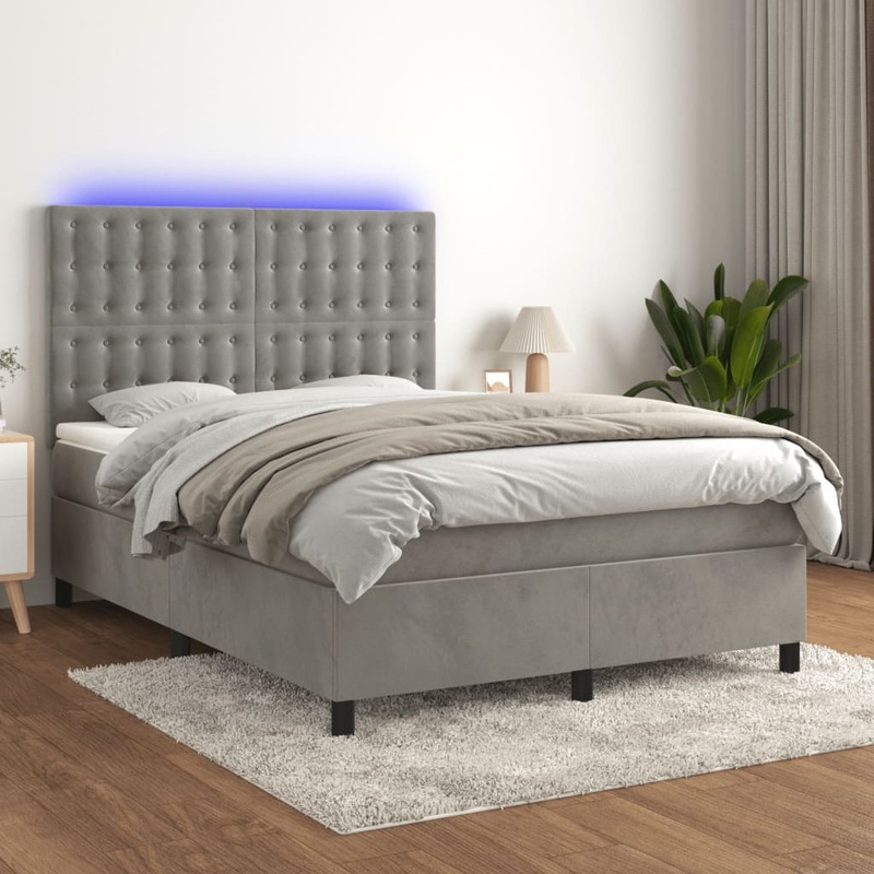 Sommier  lattes de lit matelas et LED Gris clair 140x190 cm