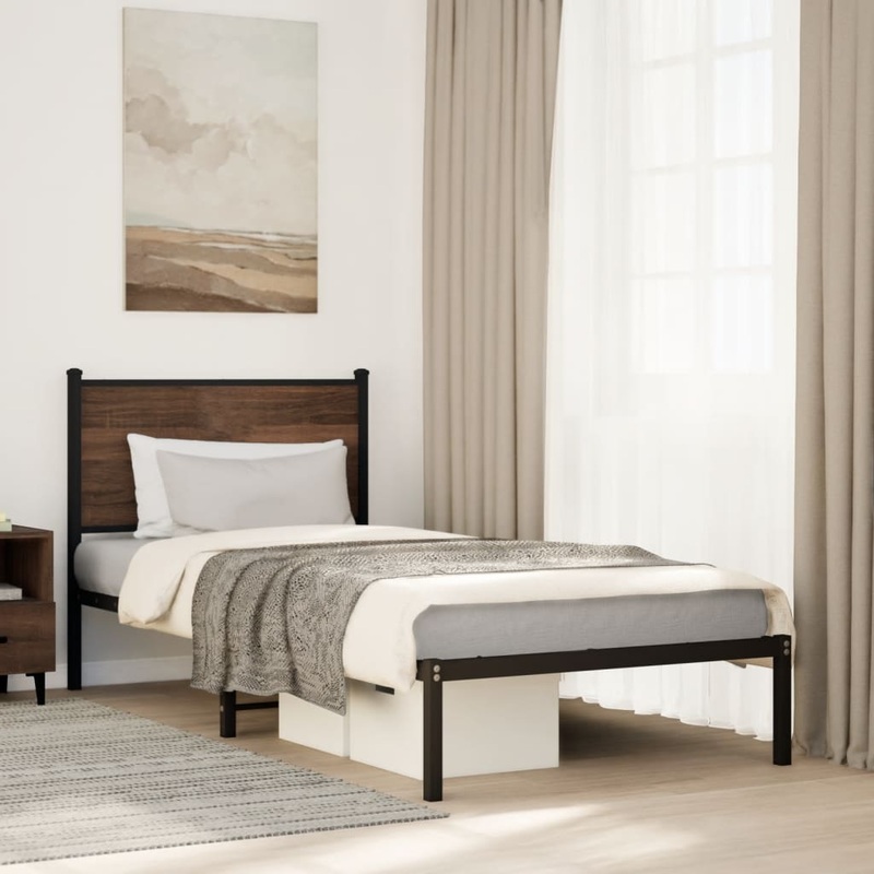 Cadre de lit en mtal sans matelas chne marron 90x190 cm