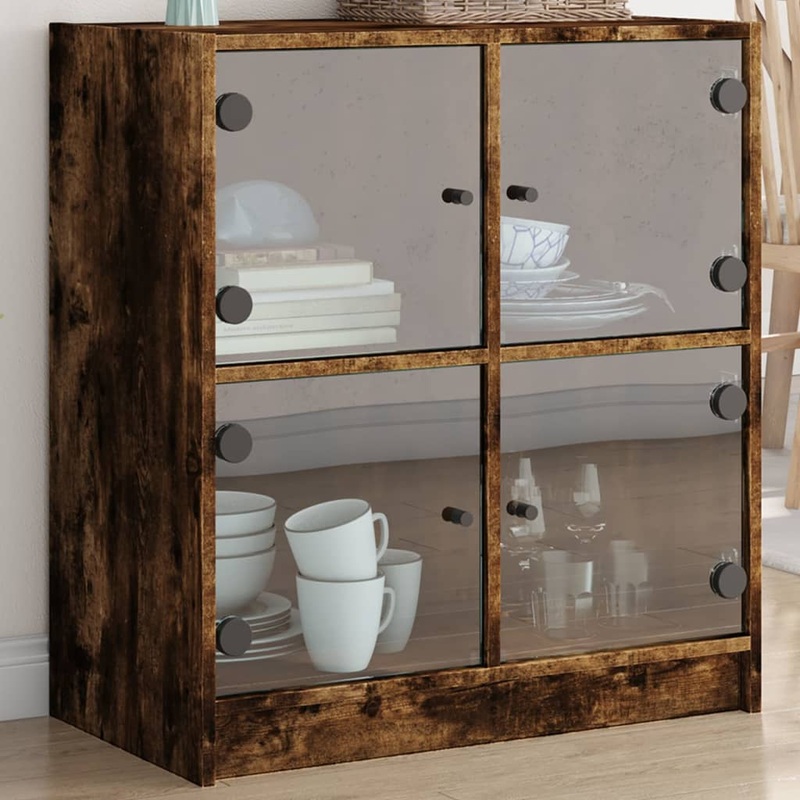 Armoire latrale avec portes en verre chne fum 68x37x75,5 cm