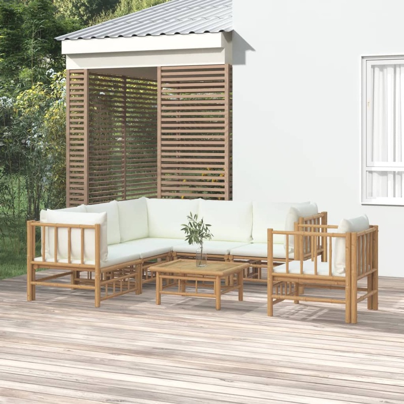 Salon de jardin 7 pcs avec coussins blanc crme bambou
