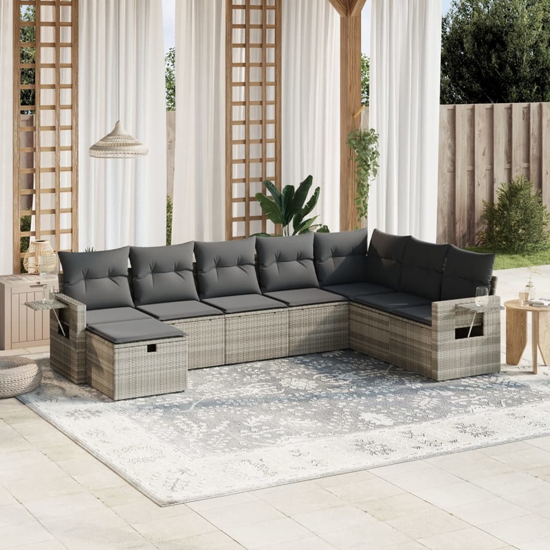 Salon de jardin 8 pcs avec coussins gris clair rsine tresse